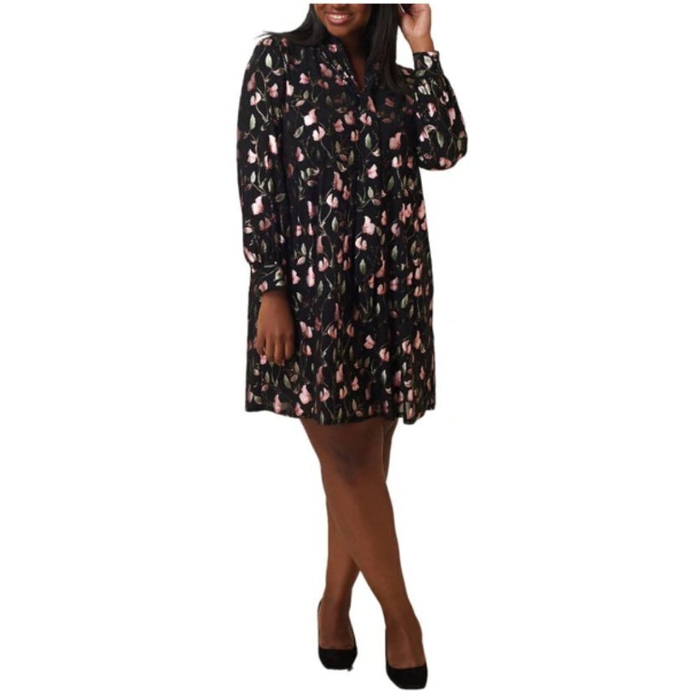 NWT Maree Pour Toi Floral Foil Print Long Sleeve Trapeze Dress Black Size 16